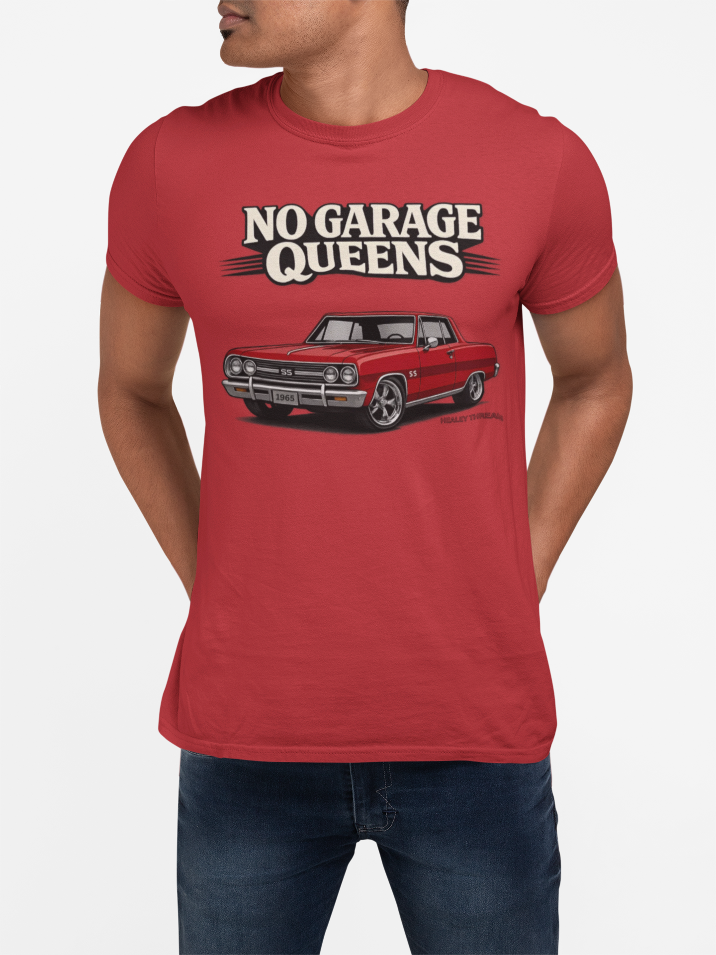 Red t-shirt with a graphic of a car and 'No Garage Queens' text worn by a person on a white background