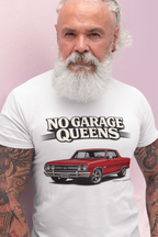 Man wearing a white t-shirt with a graphic of a red car and text 'No Garage Queens' on a pink background.