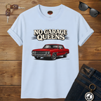 White t-shirt with red car graphic and 'No Garage Queens' text on a wooden surface with sunglasses and keys.