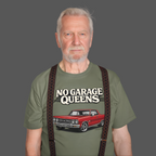 Man wearing a military green t-shirt with 'No Garage Queens' text and car graphic on a gray background