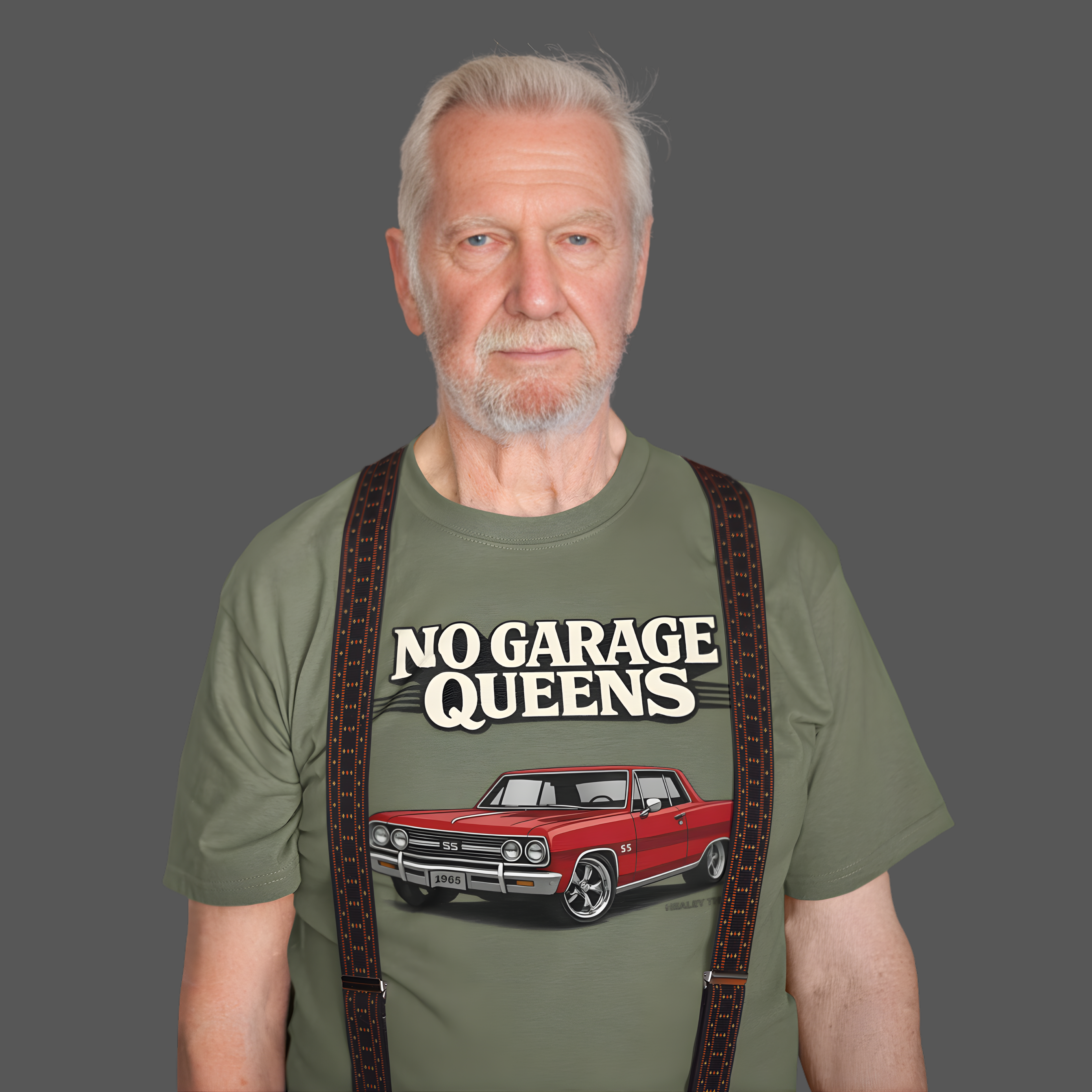 Man wearing a military green t-shirt with 'No Garage Queens' text and car graphic on a gray background