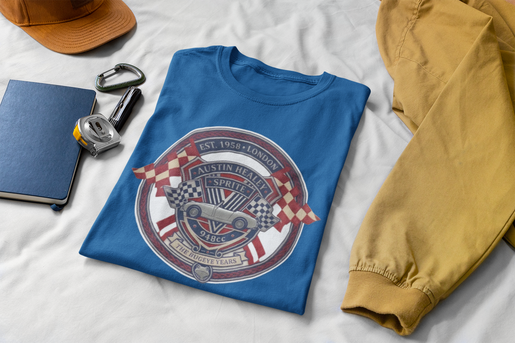 Royal blue t-shirt with a graphic Healey Sprite design on a white surface with accessories around