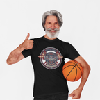 Man wearing a black t-shirt with a Healey Sprite graphic design, holding a basketball, and giving a thumbs-up on a white background