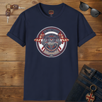 Navy blue t-shirt with a graphic Healey Sprite design on a wooden surface with sunglasses and keys.