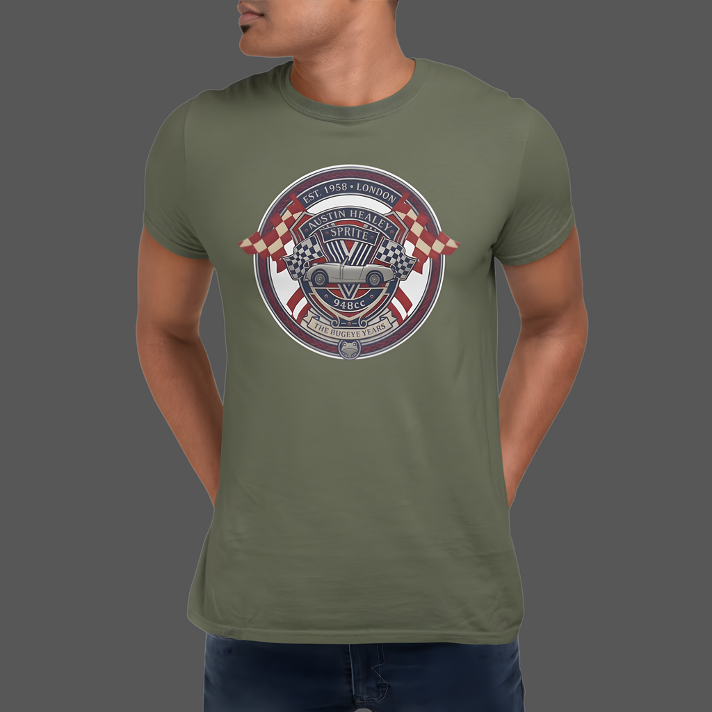 Man wearing a military green t-shirt with a graphic Healey Sprite design on a gray background