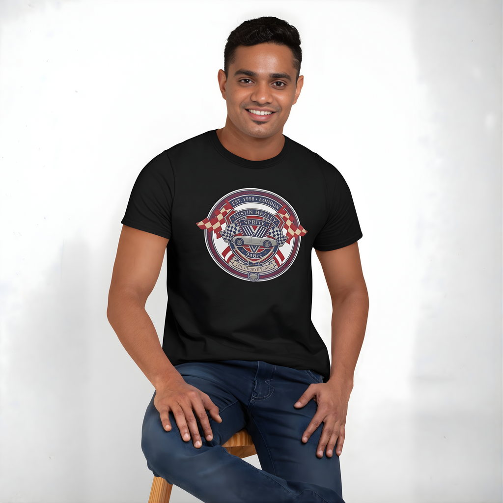Man wearing a black t-shirt with a graphic Healey Sprite design on a white background