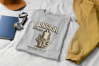 Sport gray t-shirt with 'Abingdon Works Dept' design on a white surface with yellow jacket and cap.