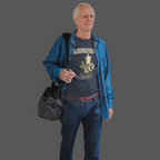 Man wearing a royal blue shirt with 'Abingdon' graphic design and text, holding a black bag on a gray background
