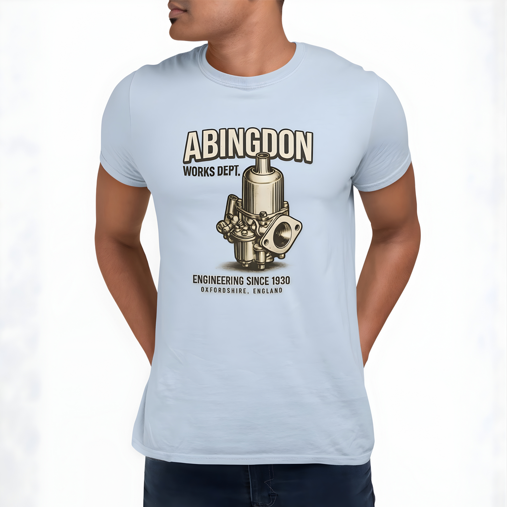 Light blue t-shirt with 'Abingdon Works Dept.' graphic and text on a white background