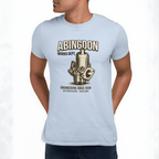 Light blue t-shirt with 'Abingdon Works Dept.' graphic and text on a white background