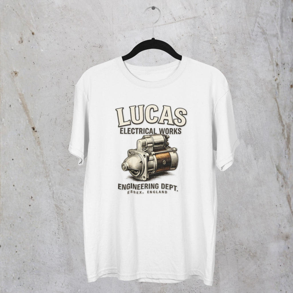 White t-shirt with Lucas Electrical Works graphic on a gray textured background