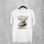 White t-shirt with Lucas Electrical Works graphic on a gray textured background