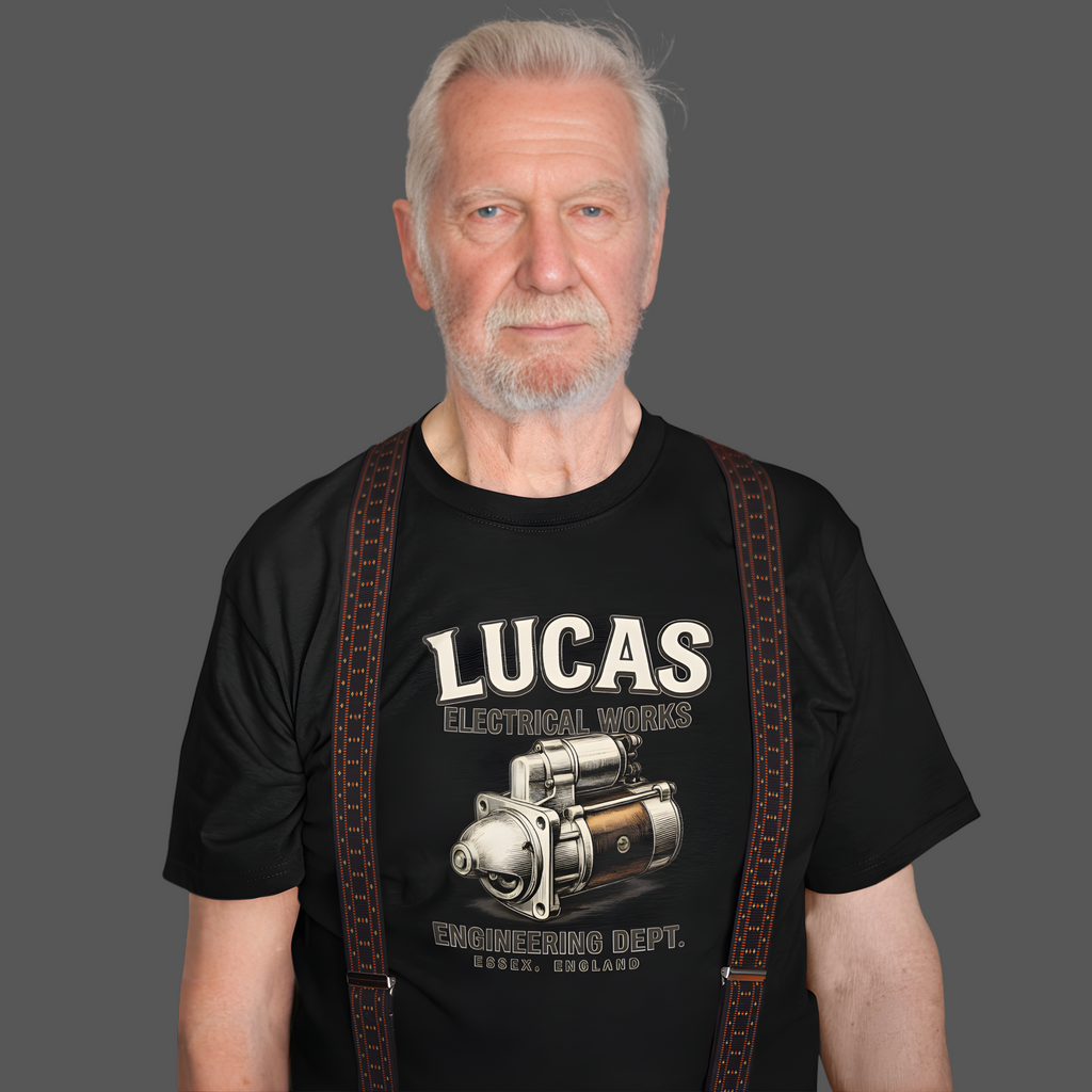 Man wearing a black t-shirt with 'Lucas Electrical Works' design on a gray background