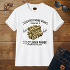 White t-shirt with Coventry Engine Works graphic on a wooden surface with sunglasses and keys.
