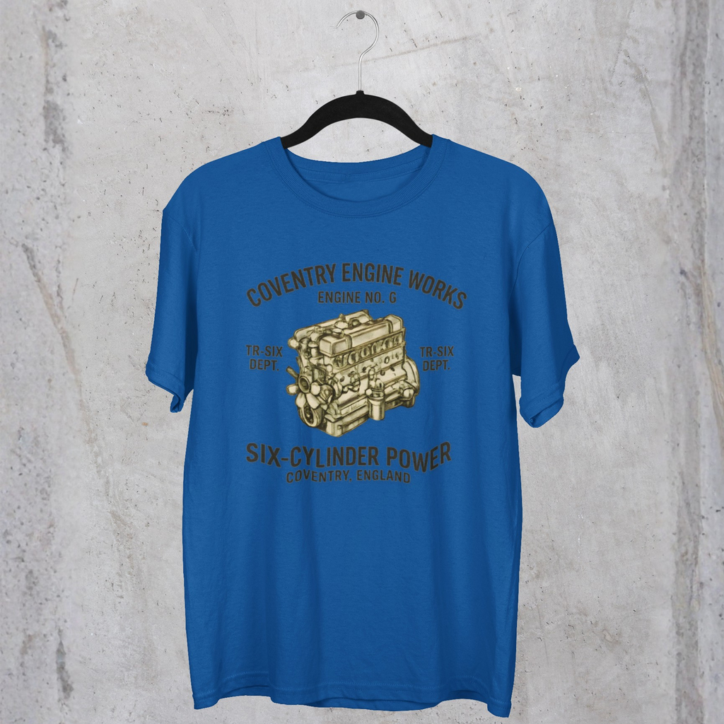 Royal blue t-shirt with 'Coventry Engine Works'  graphic and text on a textured gray background