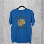 Royal blue t-shirt with 'Coventry Engine Works'  graphic and text on a textured gray background