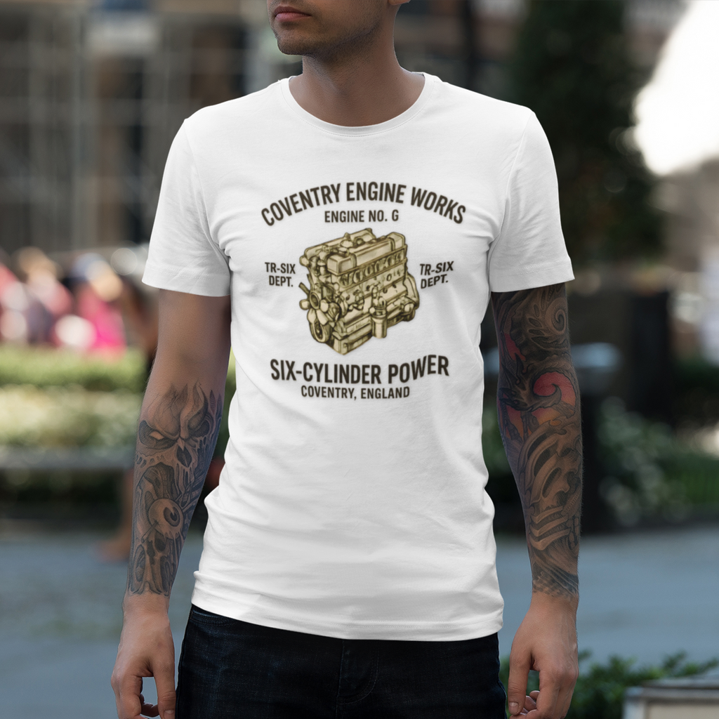 Man wearing a white t-shirt with Coventry Engine Works graphic