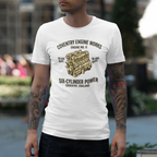 Man wearing a white t-shirt with Coventry Engine Works graphic