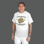 Man wearing a white t-shirt with a vintage 'Coventry Engine Works'  design on a gray background