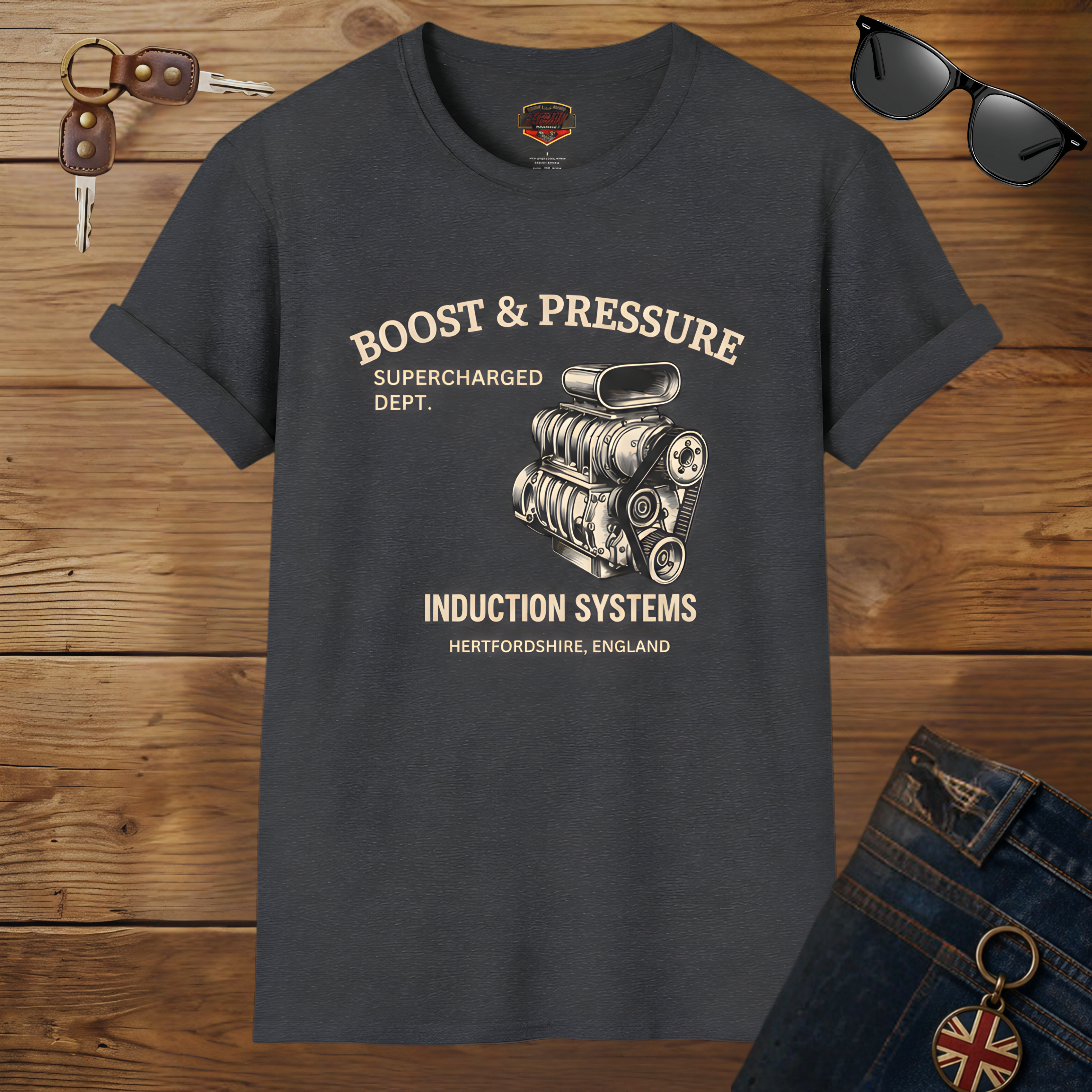 Boost & Pressure Engine T-Shirt — Vintage Car Mechanics Tee