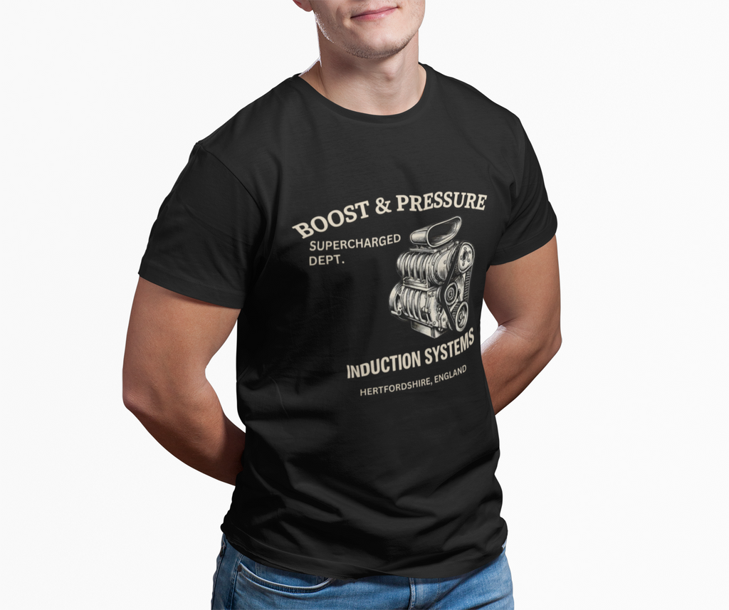 Man wearing a black t-shirt with automotive supercharged engine graphic and text on a gray background.