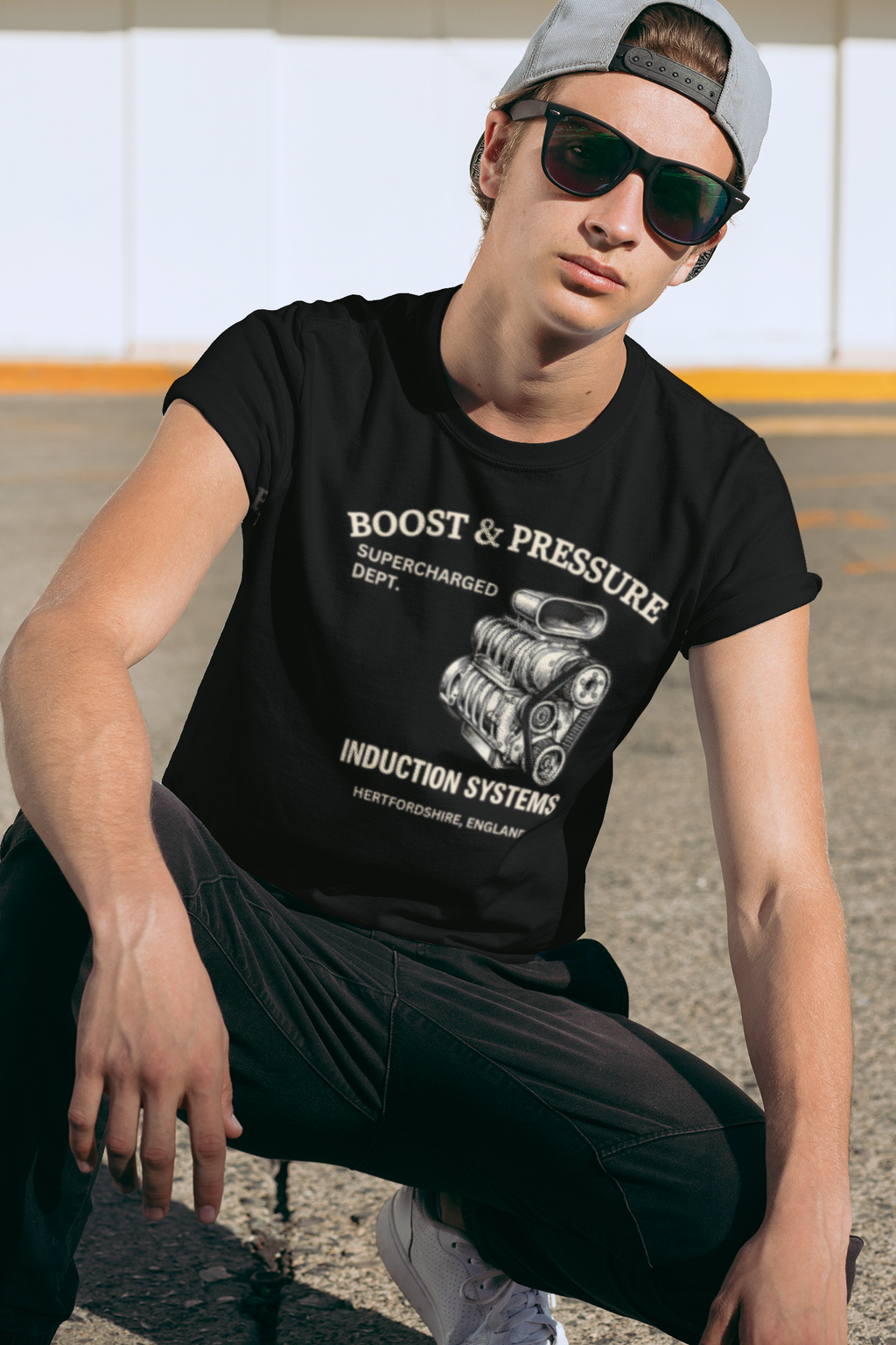 Man wearing a black t-shirt with automotive-themed design outdoors.
