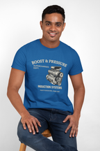 Man wearing a royal blue t-shirt with a supercharged engine graphic and text on a white background