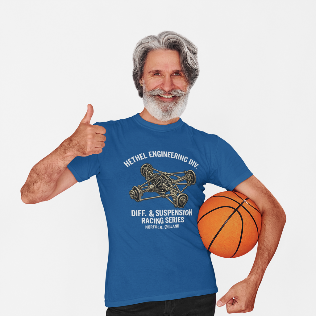 Man wearing a royal blue t-shirt with a mechanical graphic design, holding a basketball, and giving a thumbs-up on a white background.