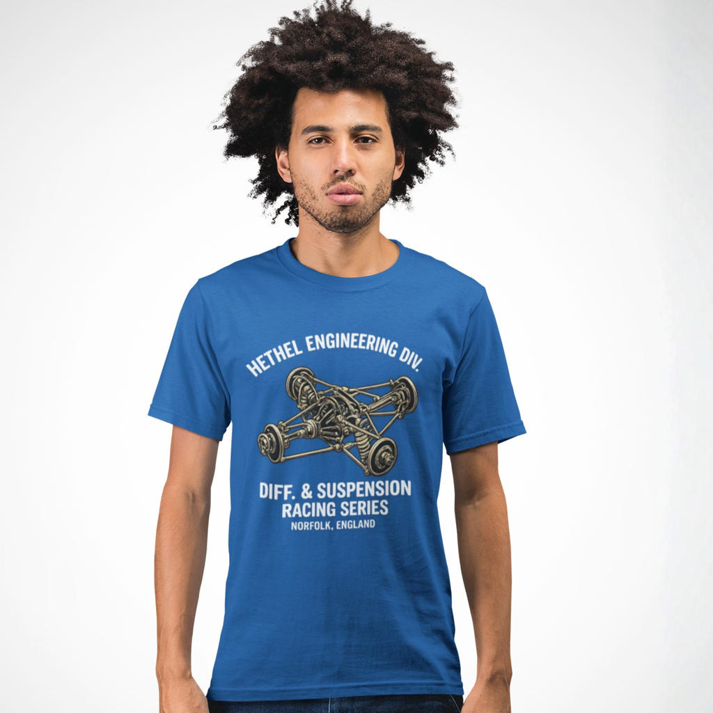 Man wearing a royal blue t-shirt with engineering graphic and text