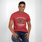 Man wearing a red t-shirt with a mechanical graphic design on a white background