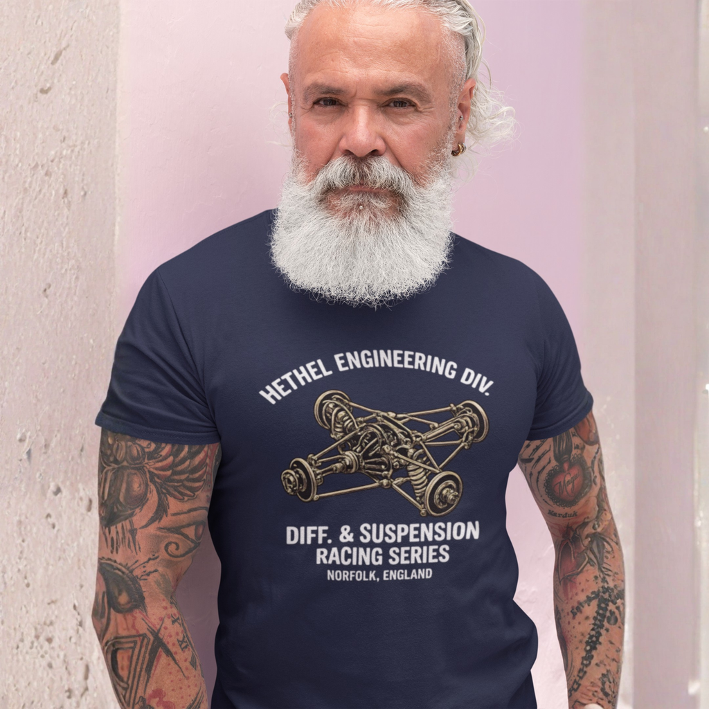 Man wearing a navy blue t-shirt with Hethel Engineering Div. graphic and text.