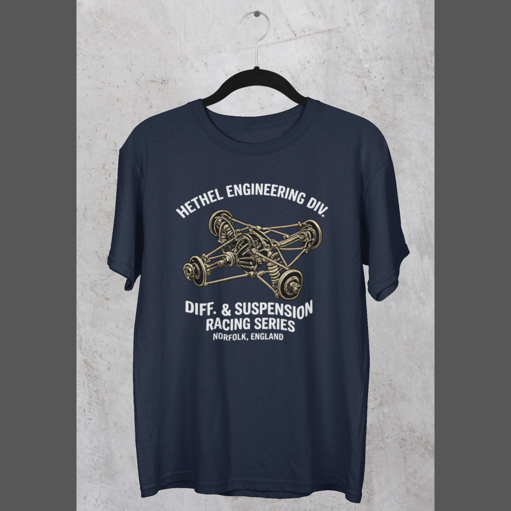 Navy blue t-shirt with automotive graphic and text on a textured gray background