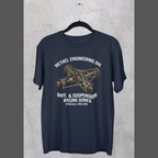 Navy blue t-shirt with automotive graphic and text on a textured gray background