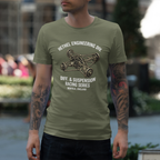 Man wearing a military green t-shirt with racing suspension graphic and text