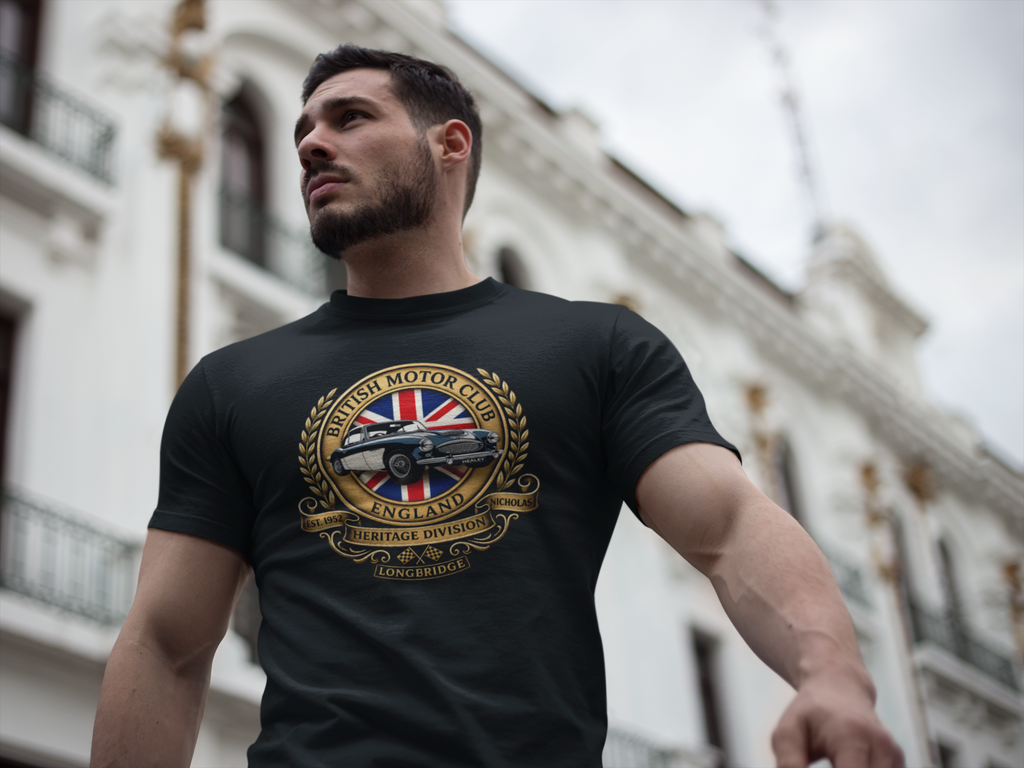 Man wearing a black t-shirt with a British Motor Club logo in an urban setting