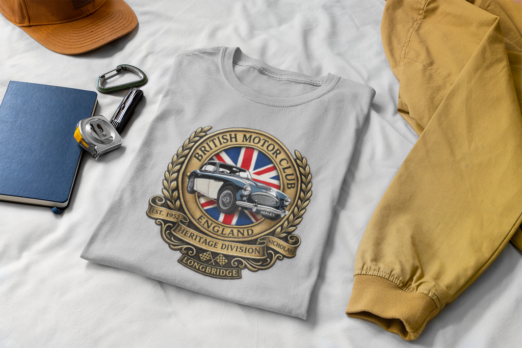 Sport gray t-shirt with British Motor Club design on a white surface with accessories.