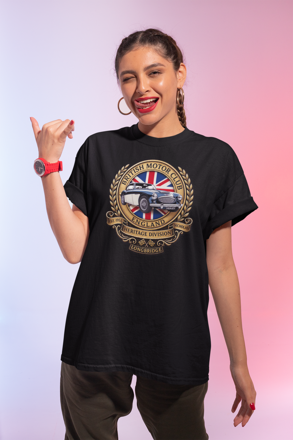 Woman wearing a black t-shirt with a British Motor Club logo on a gradient background