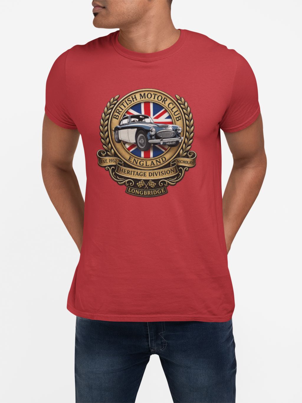 Red t-shirt with a British Motor Corporation logo worn by a person on a white background