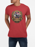 Red t-shirt with a British Motor Corporation logo worn by a person on a white background