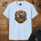 Light blue t-shirt with British Motor Club logo on a wooden surface with sunglasses and keys.