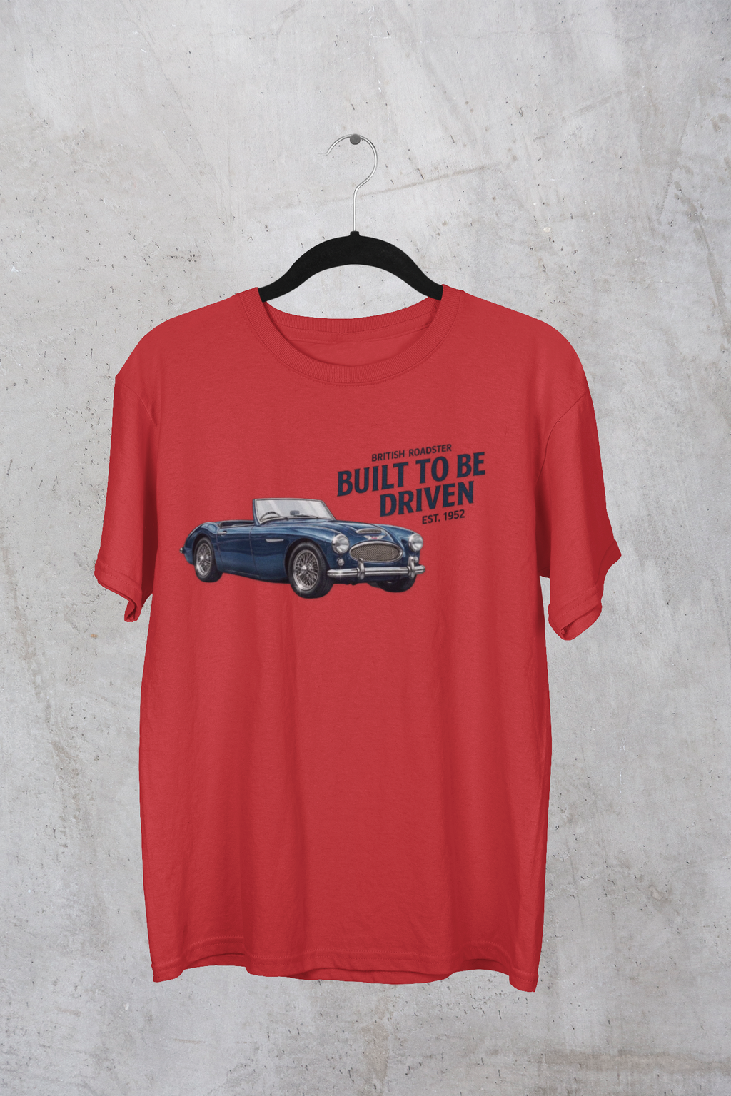 Red t-shirt with a graphic of a blue Healey car and text on a gray textured background