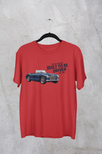 Red t-shirt with a graphic of a blue Healey car and text on a gray textured background
