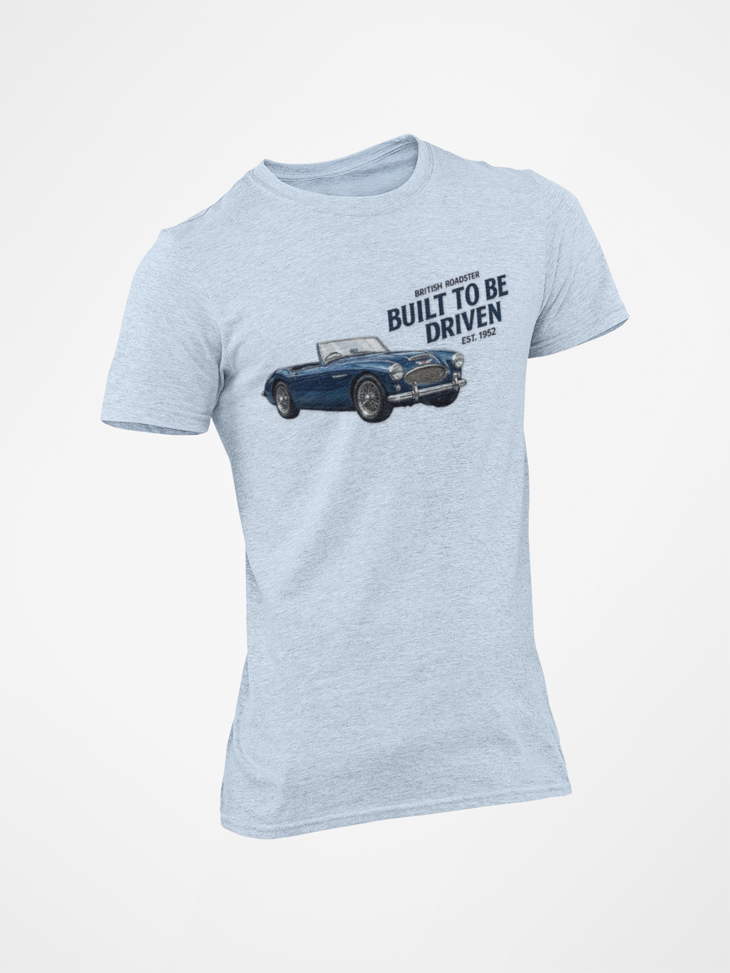 Light blue t-shirt with a graphic of a classic car and text on a white background