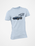Light blue t-shirt with a graphic of a classic car and text on a white background