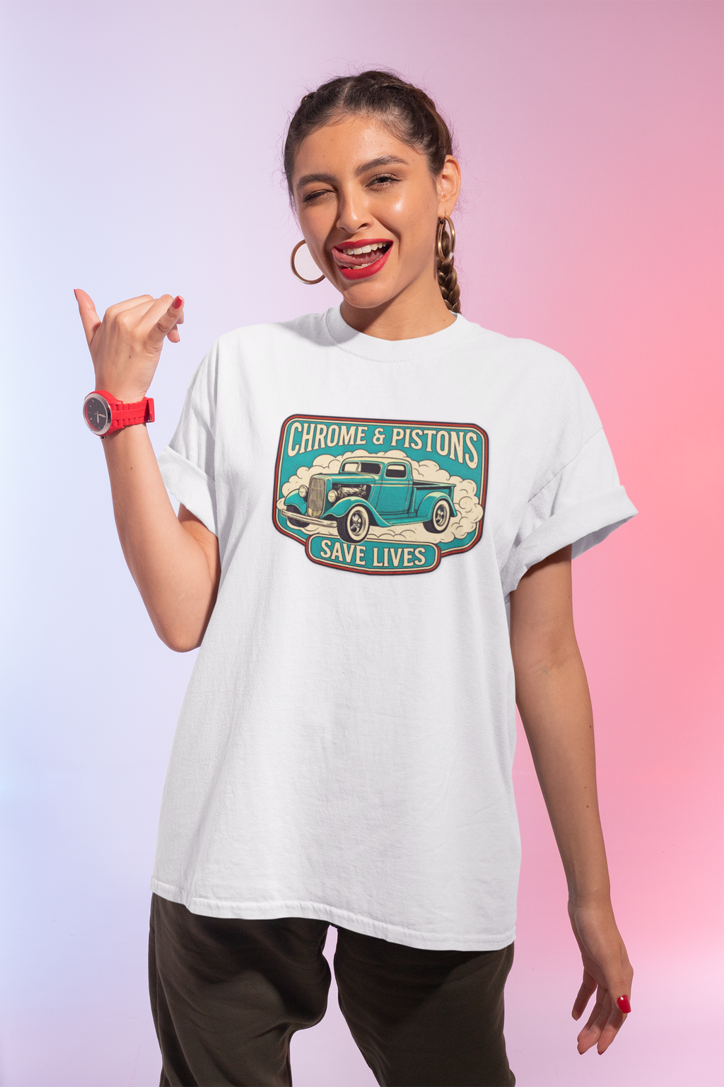 Chrome and Pistons T-Shirt – Vintage Hot Rod Graphic Tee