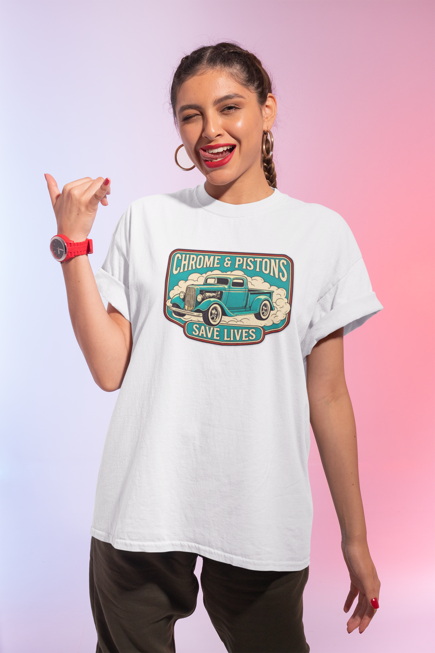 Chrome and Pistons T-Shirt – Vintage Hot Rod Graphic Tee