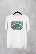 Chrome and Pistons T-Shirt – Vintage Hot Rod Graphic Tee