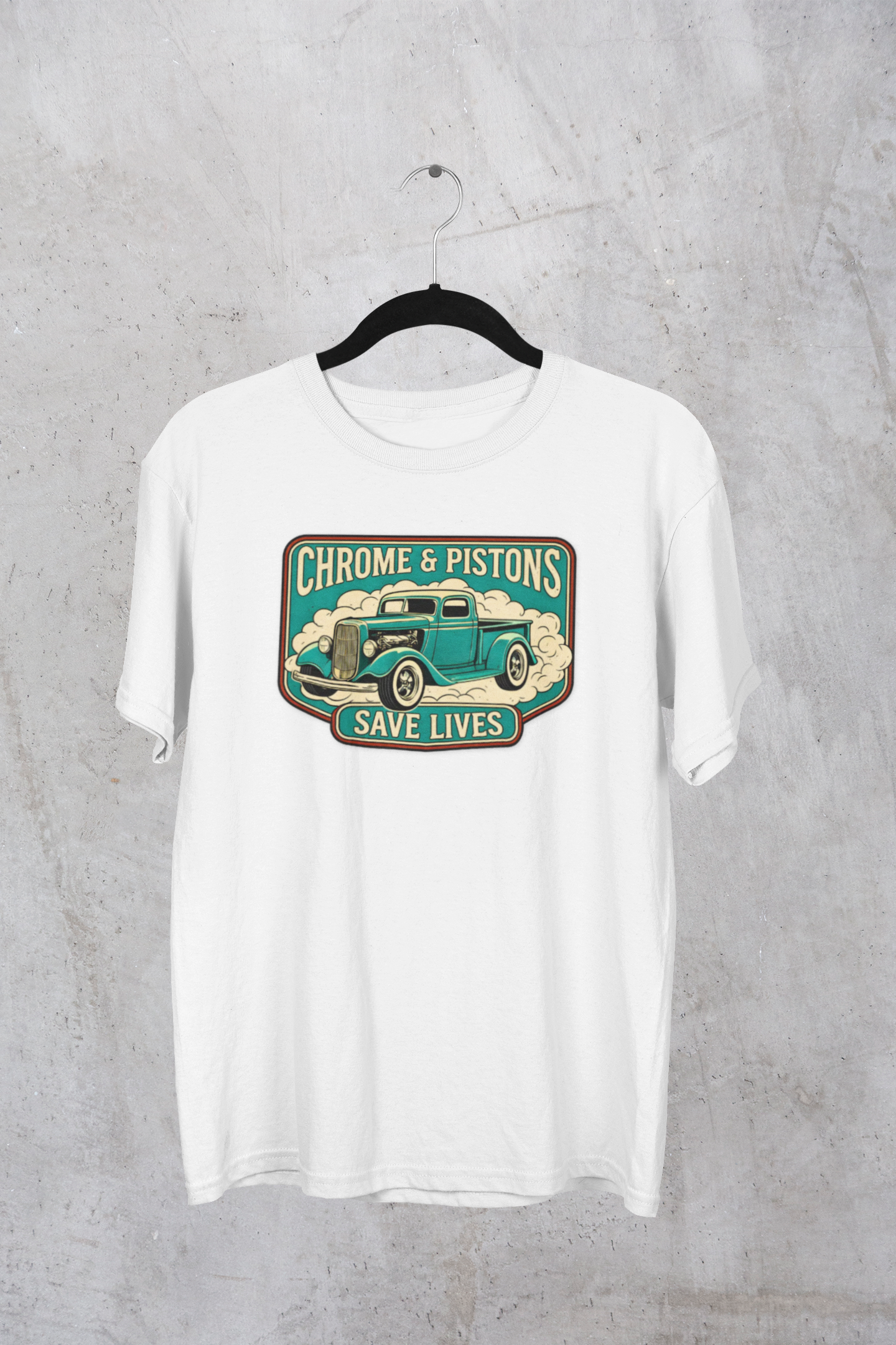 Chrome and Pistons T-Shirt – Vintage Hot Rod Graphic Tee