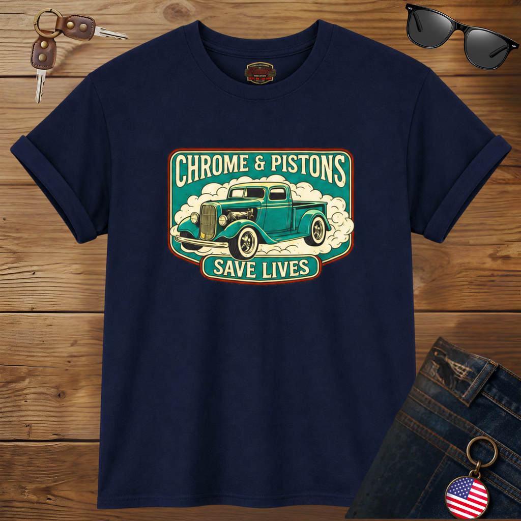 Chrome and Pistons T-Shirt – Vintage Hot Rod Graphic Tee