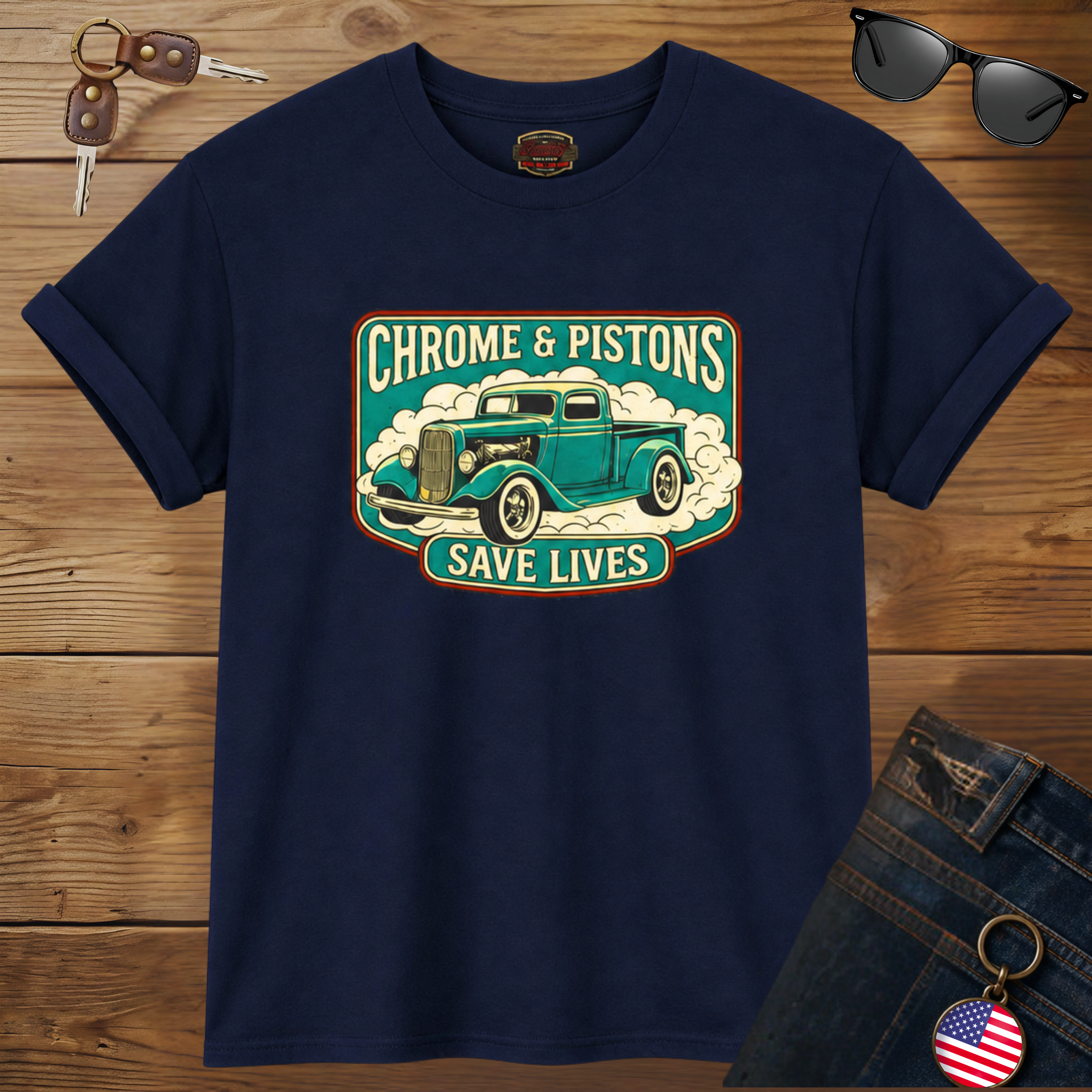 Chrome and Pistons T-Shirt – Vintage Hot Rod Graphic Tee